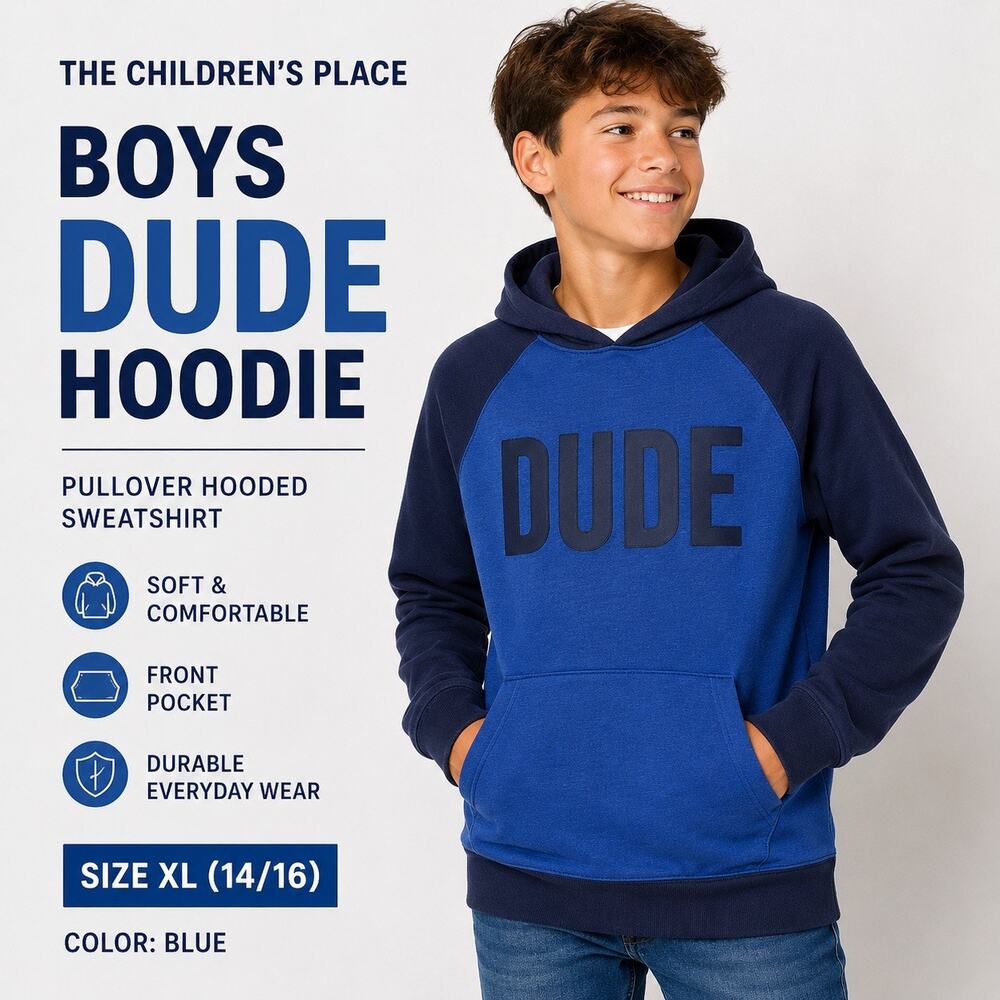 The Childrens Place Boys DUDE Hoodie Blue Colorblock Pullover Sweatshirt XL 14